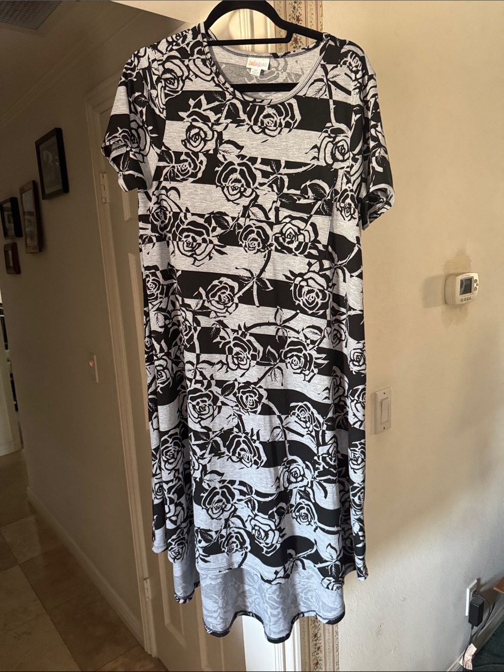 LuLaRoe Carly Black and White Floral Stripe Midi Dress